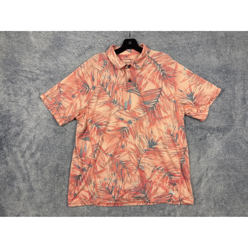 Tommy Bahama Mens Large Coral Tropical IslandZone Palm Print Polo Shirt Stretch